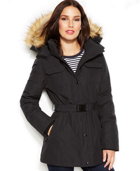 faux fur trim hood belted puffer jacket michael kors|Michael Kors faux fur jacket.